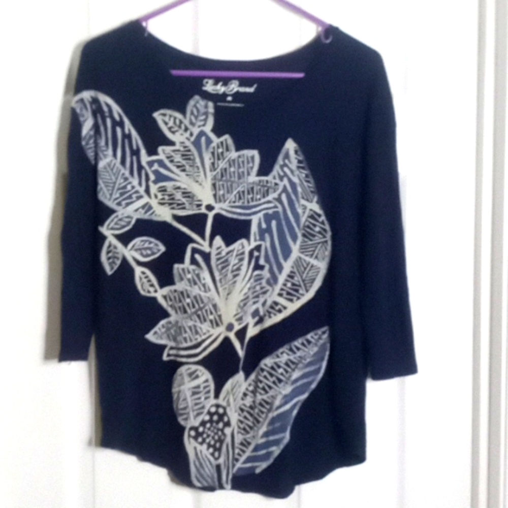 knit top Lucky Brand 3/4 sleeve Supima Cotton Blend Navy Blue/White Floral
